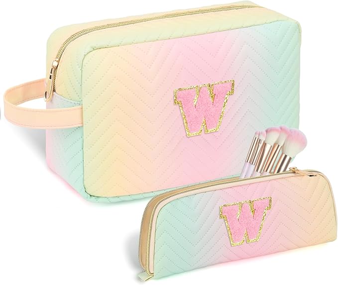 Personalized Initial Makeup Bag Trendy Stuff Leather Waterproof Cosmetic Bag Travel Toiletry Bag, Christmas/Thanksgiving/Halloween Gifts Makeup Organizer Case for Women Girls Mom Girlfriend Wife
