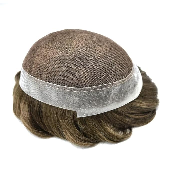 FACE MIRACLE Toupee for Men French Lace Hairpiece Human Hair Replacement System Skin PU Mens Toupee Hair Wigs for Man V-Looped Front Hair Prosthesis 7"X9" #18 Medium Blonde