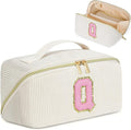 Personalized Initial Makeup Bag,Christmas Gifts for Girl,Preppy Bag Cosmetic Travel Bag Women,Travel Toiletry Organizer,Large Capacity Corduroy Stuff Bag,Cute Cosmetic Pouch Skincare Bag-Q