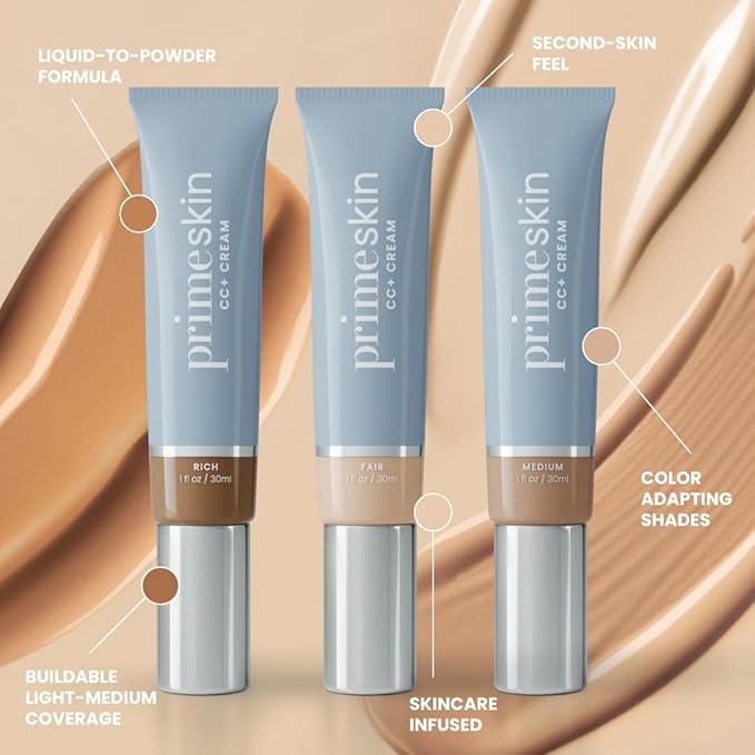 Prime Prometics PrimeSkin CC+ Cream for Mature Women – Lightweight Liquid-to-Powder Foundation – Blurs Pores & Covers Age Spots – Crease-Free, Hydrating & Soft-Matte Finish for Sensitive Skin (Tan)