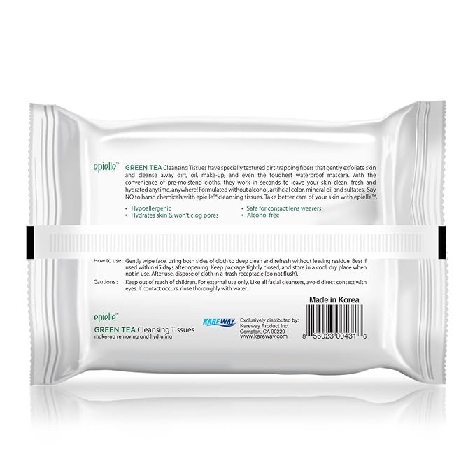 Epielle Green Tea Makeup Remover Wipes, Gentle Daily Facial Cleanser Towelettes, Remove Dirt, Oil & Waterproof Mascara, Stocking Stuffers, Thanksgiving Essentials, 30 Count (Pack of 6)