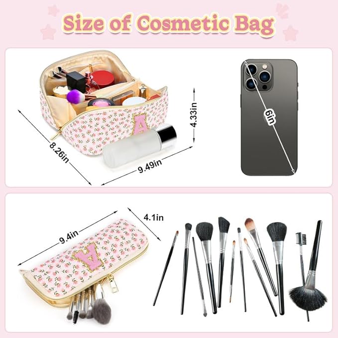 Personalized Travel Makeup Bag Set,Initial Travel Cute Floral Makeup Organizer Bag,Toiletry Skincare Cosmetic Bag,Christmas Gifts for Women/Girls,Open Flat Toiletry Pouch with Brush Pocket-A