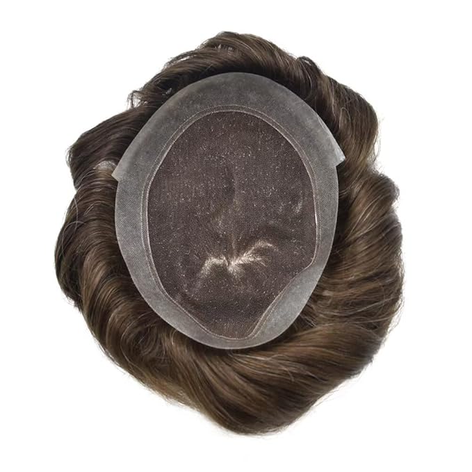 FACE MIRACLE Hair System for Men French Lace Mens Toupee Human Hair Replacement System Lace with PU Toupee for Men Male Hair Piece Wigs 6"X8" 3# DARK BROWN