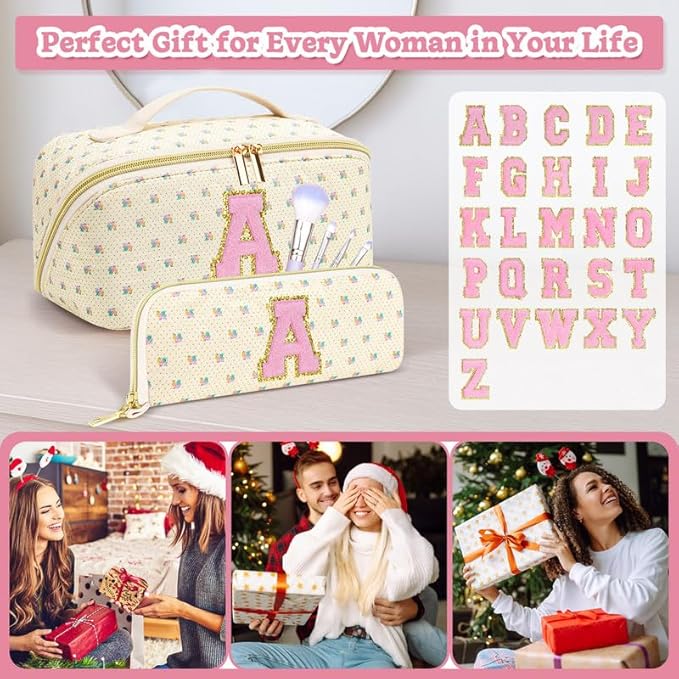 Personalized Travel Makeup Bag Set,Initial Travel Cute Floral Makeup Organizer Bag,Toiletry Skincare Cosmetic Bag,Christmas Gifts for Women/Girls,Open Flat Toiletry Pouch with Brush Pocket-L