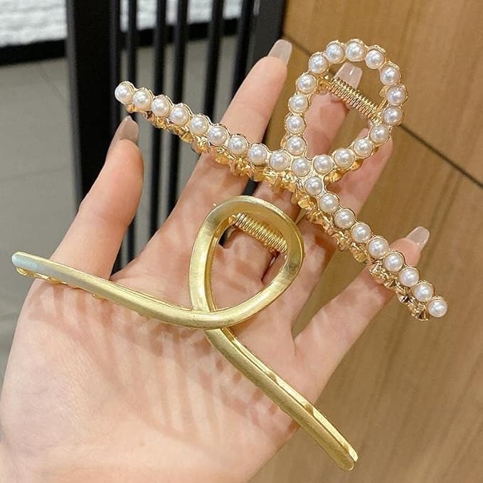 2 Pack Matte Gold and Pearl Hair Claws for Women: Large Metal Clips with Pearls for Thick Hair - Non-Slip Crab Claws and Strong Cross Barrettes
