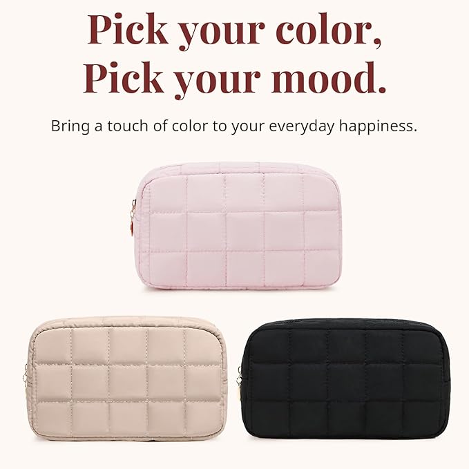 Makeup Bag for Women, Travel Cosmetic Bag Organizer with Compartments, Quilted Puffy Toiletry Pouch for Brushes, Essentials and Accessories, Pink