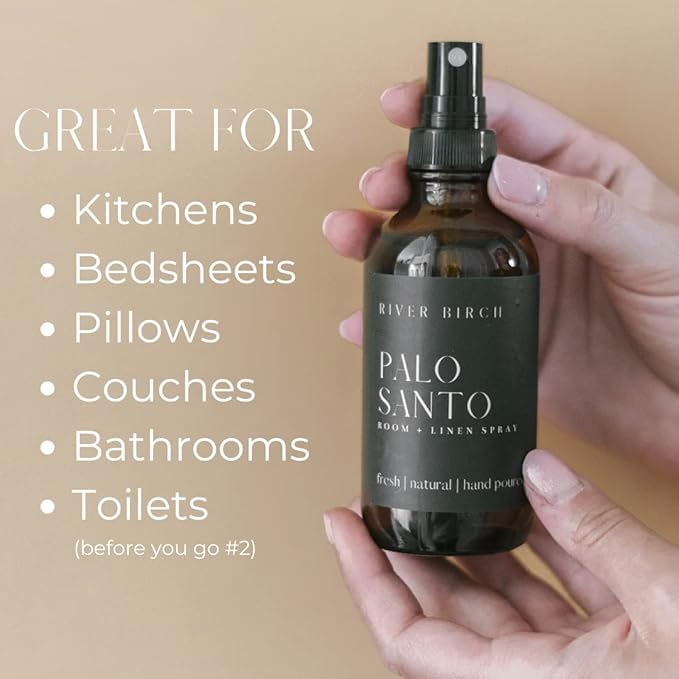 River Birch Luxury Linen and Room Spray - Palo Santo Home Signature Scent - Room Fragrance Spray - Fragrant Fresh Linen Air Freshener For Bedding - Handmade in Texas - 4 oz Glass Amber Bottle