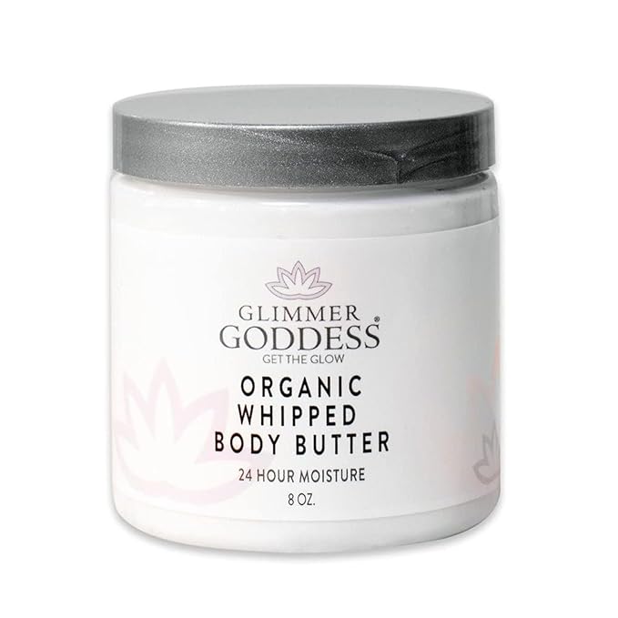 Glimmer Goddess Organic Whipped Body Butter for Women - Moisturizer Cream with Shea & Cocoa Butter, Almonds & Coconut Oil - Frankinsense & Myrhh, 8oz