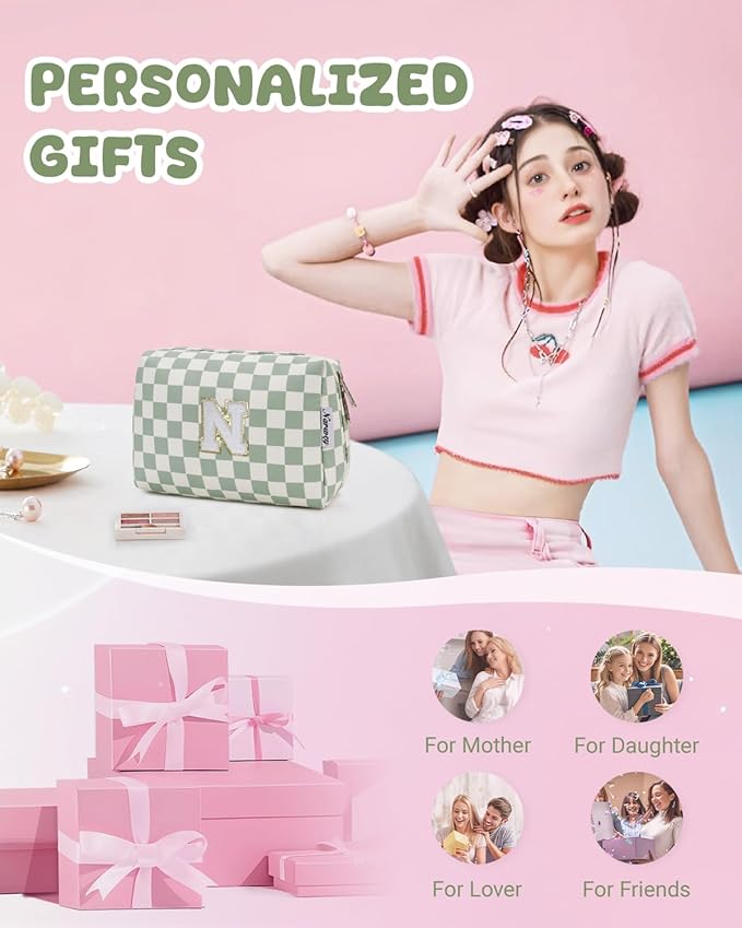 Narwey Birthday Gifts for Teen Girls Kids Women Personalized Initial Checkered Makeup Bag Preppy Cosmetic Bag Trendy Stuff 6 8 10 11 12 13 14 16 18 Years Old Travel Toiletry Bag (Green Letter N)