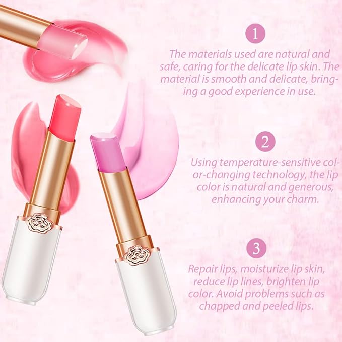BINGBRUSH Peach Color Changing Lipstick,Moisturizer Long Lasting Lip Care Lip Balm Magic Lip Gloss Lip Tint Stain Gloss Set for Women (3 pcs Peach + Strawberry +Grape Lipstick)