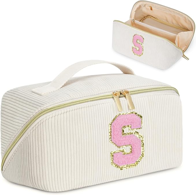 Personalized Initial Makeup Bag,Christmas Gifts for Girl,Preppy Bag Cosmetic Travel Bag Women,Travel Toiletry Organizer,Large Capacity Corduroy Stuff Bag,Cute Cosmetic Pouch Skincare Bag-S