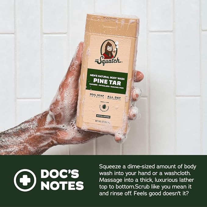 Dr. Squatch NEW Body Wash for Men with Nourishing, Natural Ingredients | No Paraben, Phthalate, Sulfate | Coconut Castaway (14 oz), Wood Barrel Bourbon & Pine Tar (8 oz, 2-Pack) & Body Scrubber