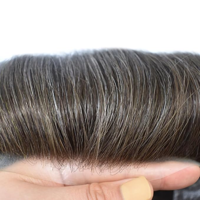 Toupee for Men French Lace Center Human Hair Replacement Systems Transparent Lace Center Hair Piece Mens Toupee Hair Units for Man V-Looped Front 8"X10" #430 4# MEDIUM BROWN WITH 30% SYNTHETIC GREY