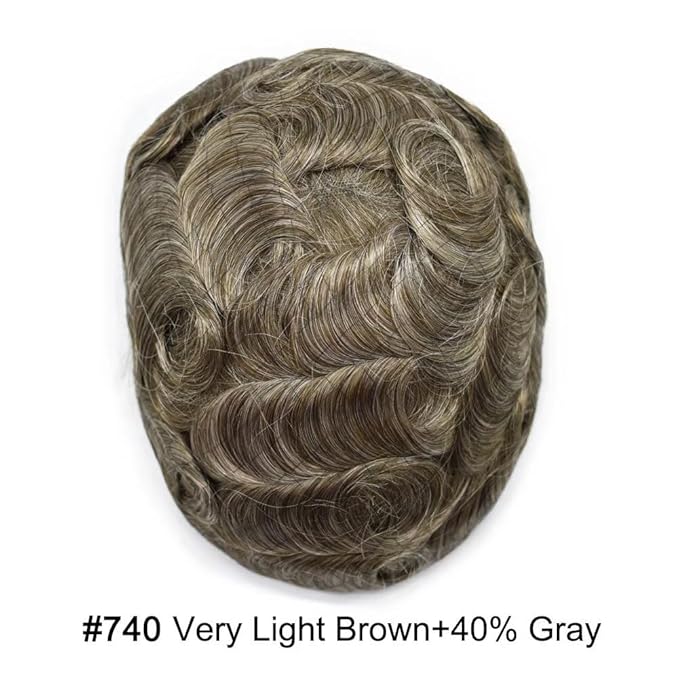 FACE MIRACLE Mens Toupee Lace Front Hairpieces Soft Human Hair Replacement System Toupee for Men French Lace Poly V-Looped Mens hair Units 6"X9" #740 7# VERY LIGHT BROWN WITH 40% SYNTHETIC GREY