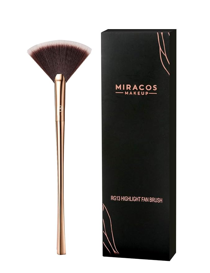 Fan Makeup Brush For Highlighter, Blush, Flutty&Powder Cosmetic Tool w/Long Handle& Anti-Champagne Gold Brush