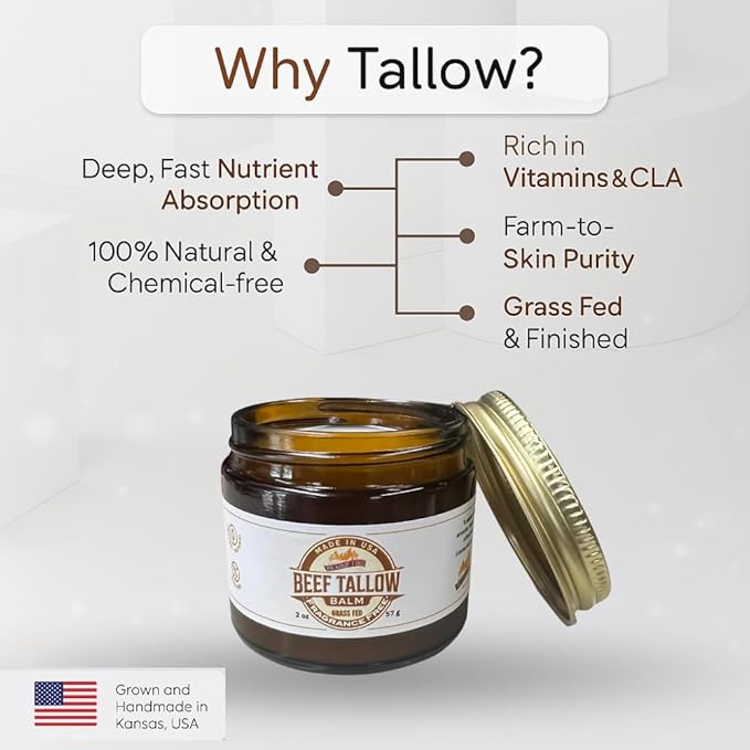 Grass Fed Beef Tallow Balm - 2 oz - Grown and Made in USA - Organic Grass Fed and Finished Tallow - Moisturizing Skin Care Fragrance Free
