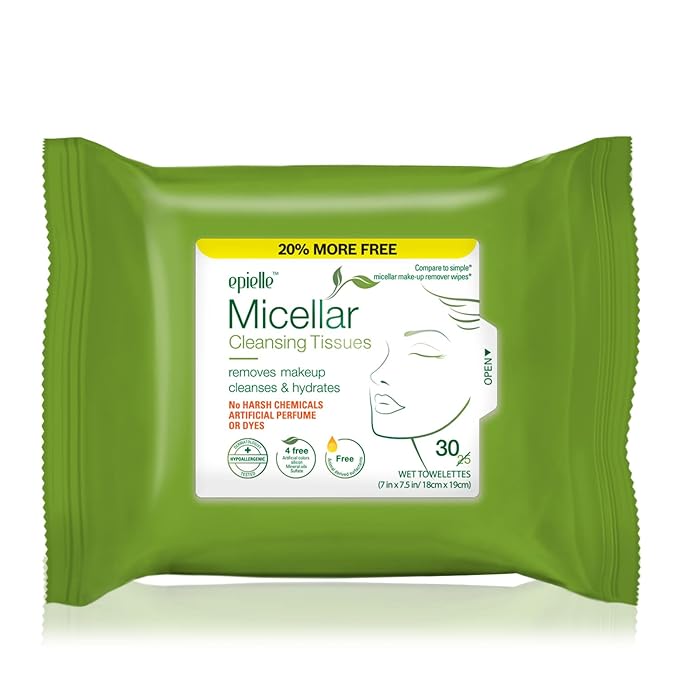 Epielle Micellar Makeup Remover Wipes, Gentle & Hydrating Daily Facial Cleanser Towelettes, Remove Dirt, Oil, Waterproof Mascara, Hypoallergenic & Alcohol-Free, 30 Count (Pack of 4)