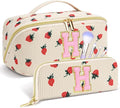 Personalized Travel Makeup Bag Set,Initial Travel Strawberry Makeup Organizer Bag,Toiletry Skincare Cosmetic Bag,Christmas Gifts for Women/Girls,Open Flat Toiletry Pouch with Brush Pocket-H