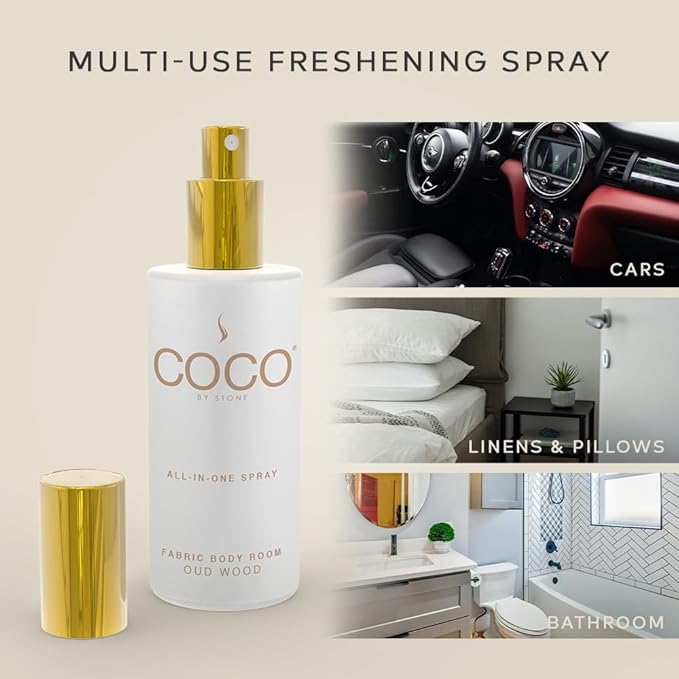 COCO by Stone 5oz All-in-One Spray (Oud Wood) Shake & Spray Formula for Fabric, Pillows, Interiors, Clothing, Home Fragrance Accessories, Room Perfume, Room Deodorizer, Vegan & Cruelty-Free