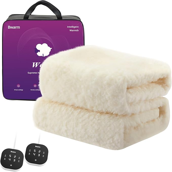 Bwarm Muilt-Zone Heated Mattress Pad Queen Wool Electic Mattress Pad, Touchscreen Bed Warmer with 9 Heat Settings, 1-12 Hours Auto Off Memory Deep Pocket,Machine Wash White Queen 60" x 80"