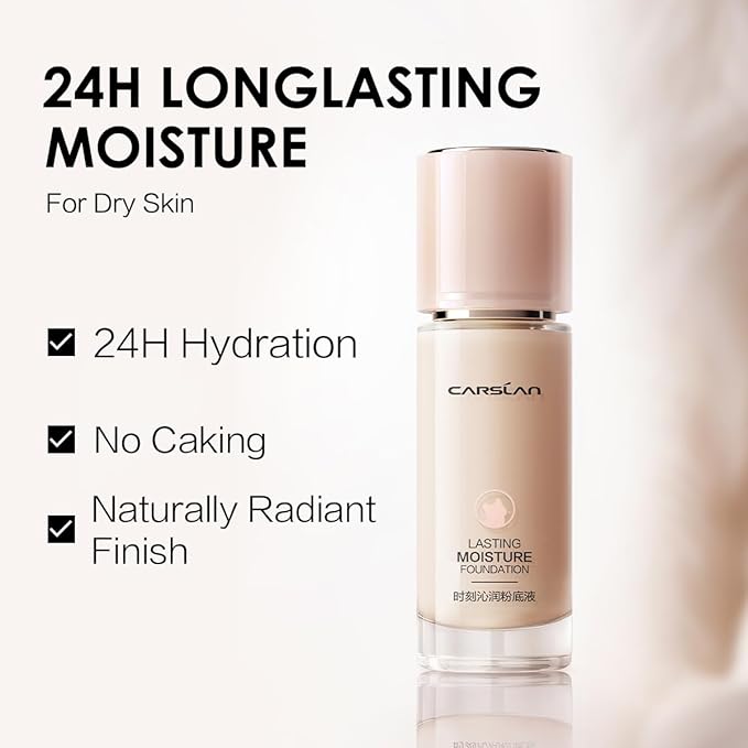 CARSLAN Lasting Moisture Foundation, 24H Longlasting Medium Coverage Dewy Finish Face Makeup, Poreless, Lightweight, Hydrating Liquid Foundation For Dry Skin, M02