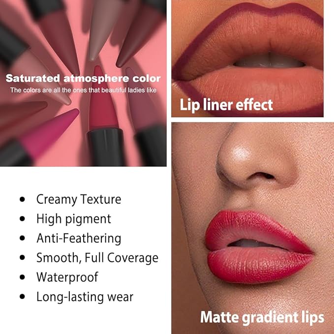 Red Gradient Matte Lipstick Crayon Lip Liner pencil,Crayon Form and Cone Tip 2-in-1 Lip Liner and Lipstick Lip Combo Set Achieve Flawless Contour Gradual Ombre Effect lip Pencil for Old Women