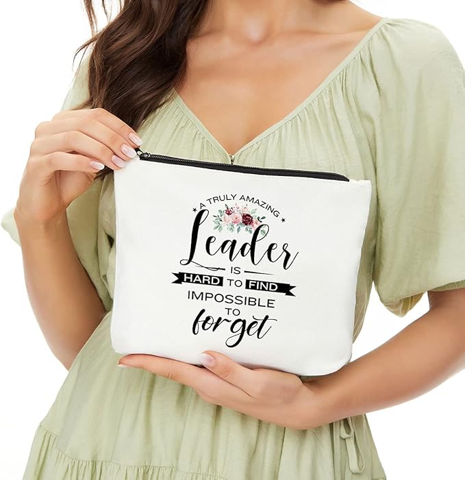 JIUWEIHU Leaders Appreciation Gifts Boss Gifts for Christmas Birthday Gift for Leader Supervisor PM Mentor Thank You Retirement Farewell Makeup Bag Coworker Present- Amazing Leader is Hard to Find