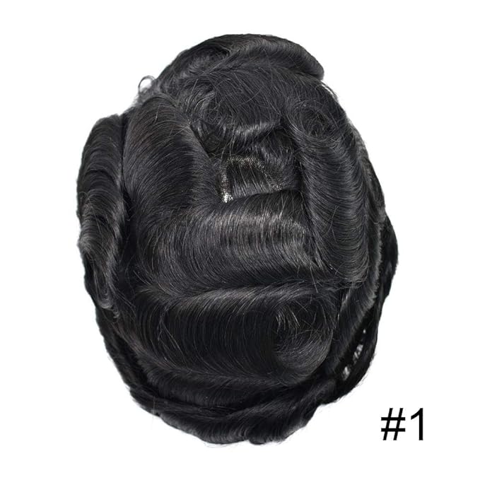 FACE MIRACLE Mens Toupee Lace Front Hairpieces Soft Human Hair Replacement System Natural Hairline Toupee for Men French Lace Poly V-Looped Mens hair Units 5"X7" 1#JET BLACK