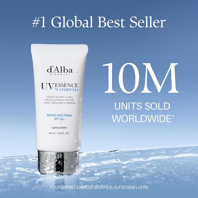 d'alba Piedmont Italian White Truffle Waterfull Essence Sunscreen, Vegan Skincare, Lightweight Sunscreen with BROAD SPECTRUM SPF 50+, Glowy, Safe for all Skin Types, Korean Skin Care (1.69 fl. oz)