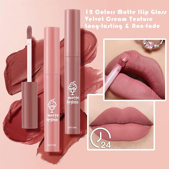 3Pcs Nude Matte Lipstick Set, Ice Cream Velvet Smooth Matte Lip Gloss, 24 Hour Natural Long Lasting & Nourishing Lip Glaze Non-stick Cup for Women Makeup (Set B)