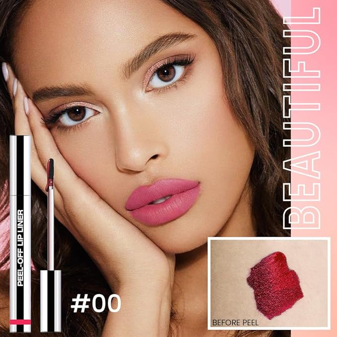 Delicate Pink Liquid Matte Lip Liner Stain Peel Off with Tweezer, Long Lasting, Waterproof Matte Lipstick Lip Gloss Tattoo for Women, Transfer-prof Lip Tint Makeup for All Skin Types 00#