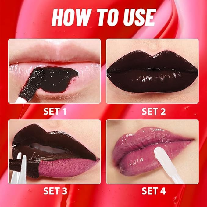 2Pcs Peel off Lip Stain Lip Oil Dual Ended Combo Set with Tweezer, 2 in 1 Hot Pink & Berry Purple Lips Liner Stain Oil Long Lasting Waterproof, High Pigmented Flawless Lips Tint Stick Not Faded