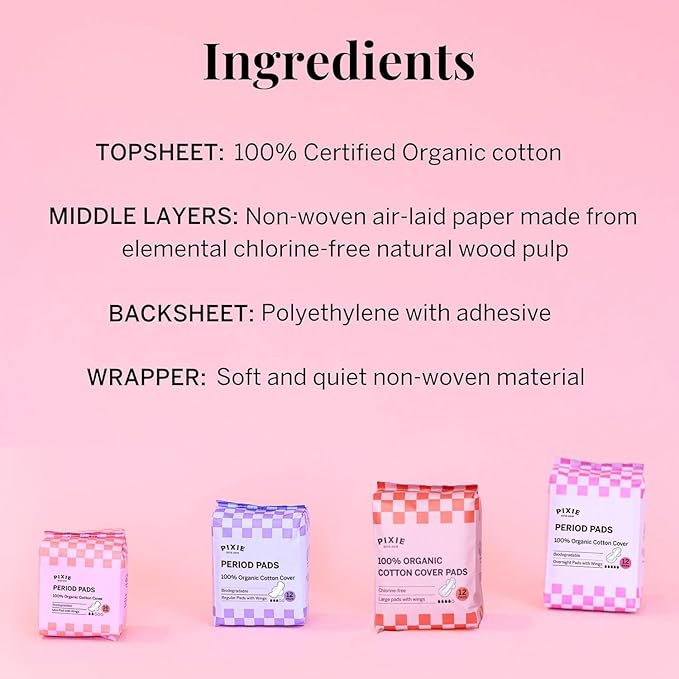 Pixie Organic Cotton Large Pads for Women - Extra Heavy Absorbency with Wings - Leak-Proof, Hypoallergenic & Unscented for Feminine Care - Compostable, Biodegradable - 12 Count