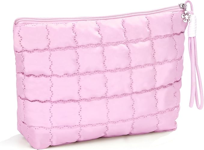 Richeart Makeup Bag Travel Toiletry Bag - Checkered Down Cotton Makeup Pouch for Women with Cosmetic and Pencil, Aesthetic Pink Design, Large