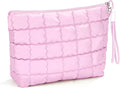 Richeart Makeup Bag Travel Toiletry Bag - Checkered Down Cotton Makeup Pouch for Women with Cosmetic and Pencil, Aesthetic Pink Design, Large