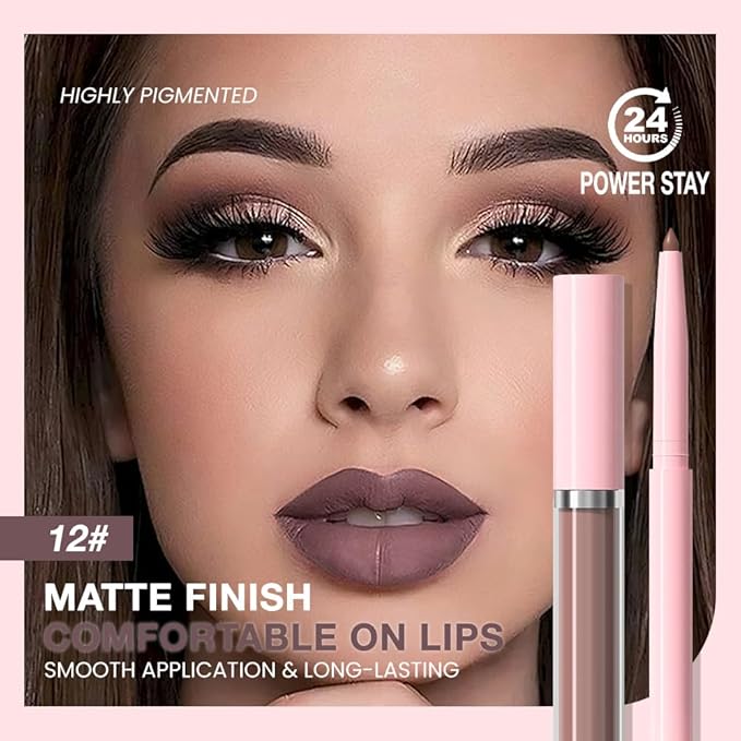 AMY'S DIARY 2pcs Matte Dark Red Lip Liner & Lipstick&Shiny Clear Lip Oil Makeup Set, Liquid Lipstick 24H and Lip Liner Set Matt Liquid Lips Make Up Waterproof Long Lasting (12#, 2 Pcs Set)