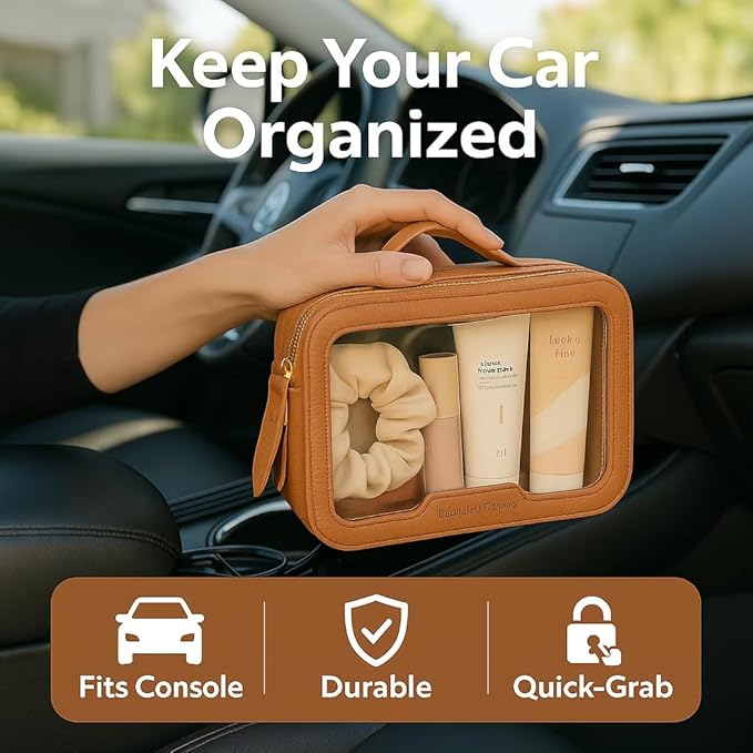 PACKISM Medium Clear Makeup Bag - Pebbled Texture & Hard PU Leather Car Bag for Organizing Car Consoles, with Message Card Clear Cosmetic Makeup Case for Women Gift (Khaki Medium)