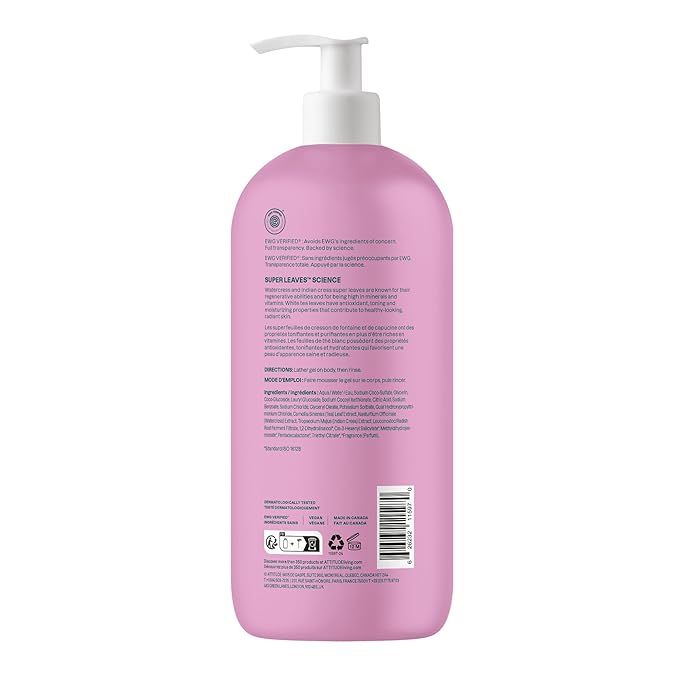 ATTITUDE Soothing Shower Gel, Dermatologically Tested, Plant and Mineral-Based, Vegan Personal Care Products, White Tea Leaves, 32 Fl Oz