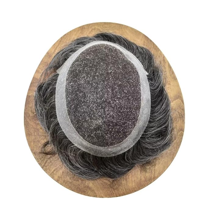 FACE MIRACLE Mens Toupee Lace Front Hairpieces Soft Human Hair Replacement System Toupee for Men French Lace Poly V-Looped Mens hair Units 6"X8" #1B40 1B# OFF BLACK WITH 40% SYNTHETIC GREY