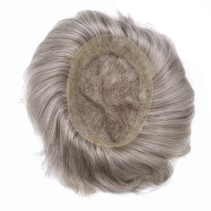 FACE MIRACLE Lace Front Mens Toupee Human Hair System Swiss Lace Center Toupee for Men Thin Skin PU Around Hair Replacement System V-Looped Mens Hair Wig Units 6"X8" #1B80 Off Black with 80% Gray