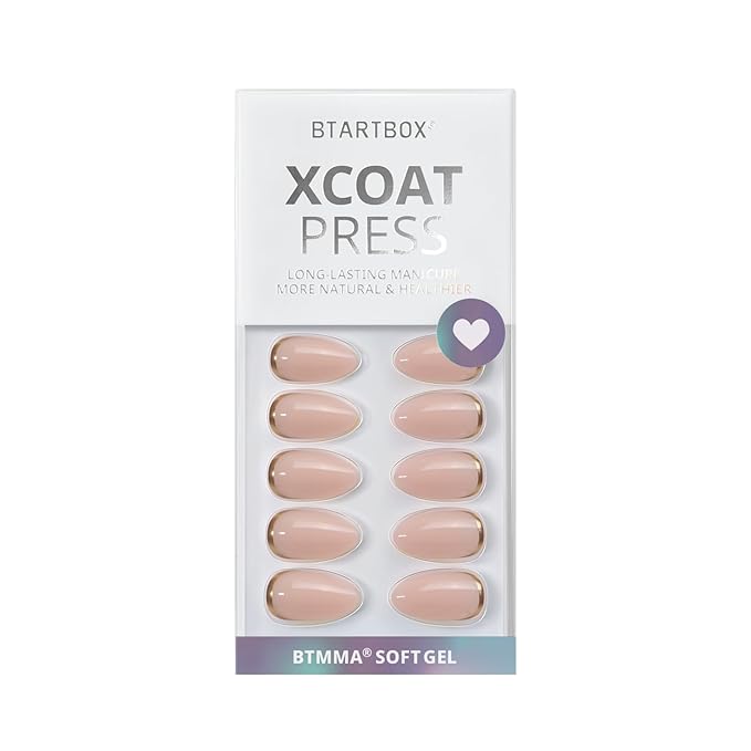 BTArtbox Press On Nails Almond - Short Gold Foil Press On Nails with Glue for Women, Semi-Transparent Soft Gel Glue On Nails in 16 Sizes - 32 Stick On Nails Kit, Gold End