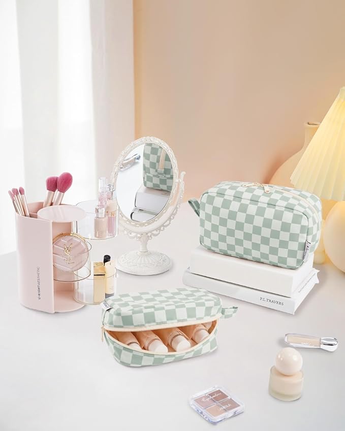 Narwey Checkered Makeup Bag Travel Cosmetic Bag Organizer Small Toiletry Bag Make Up Bags with Comparments for Women and Girls, Gift for Teen Girls (Mint Green Checkerboard, Large)