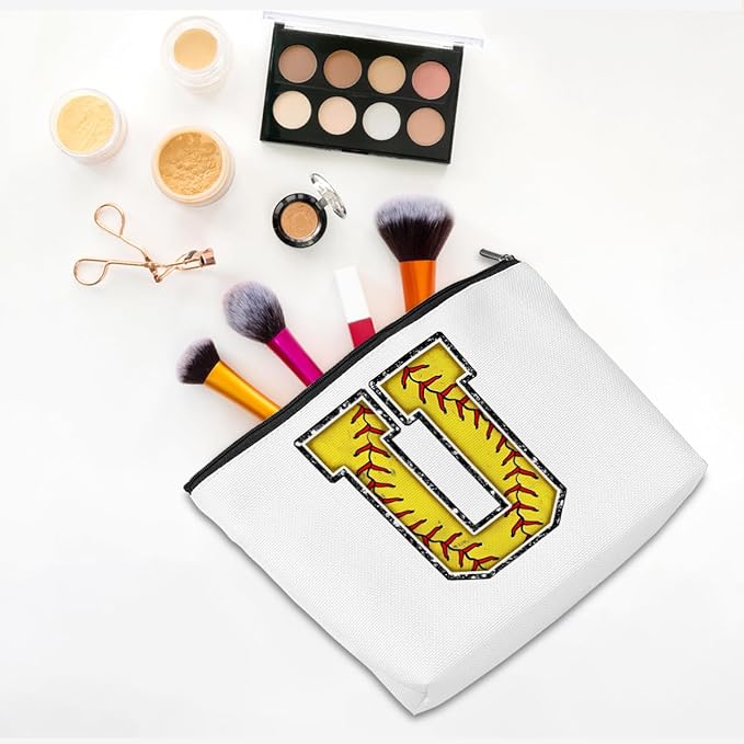 Initial Makeup Bag Monogrammed Cosmetic Bag Yellow Letter U Zipper Pouch Softball Accessories for Girls Women Player Coach Friend Graduation Birthday Gifts