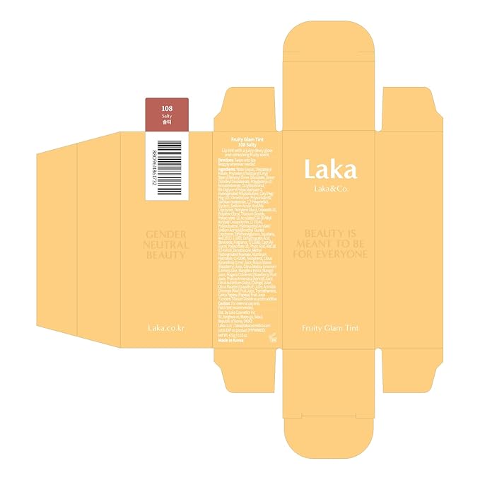 Laka Fruity Glam Tint, Glowing Lip Stain with Wide Color Spectrum, Hydrating & Lightweight Texture, Long-Lasting Bold Stain, Non-Sticky, Vegan, K-Beauty (#108 Salty, 4.5g/0.15oz)