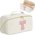 Personalized Initial Makeup Bag,Christmas Gifts for Girl,Preppy Bag Cosmetic Travel Bag Women,Travel Toiletry Organizer,Large Capacity Corduroy Stuff Bag,Cute Cosmetic Pouch Skincare Bag-T