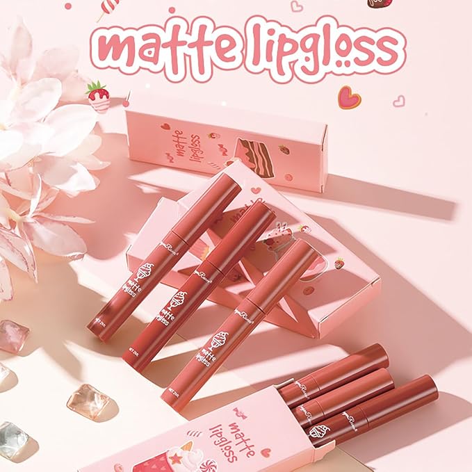 3Pcs Nude Matte Lipstick Set, Ice Cream Velvet Smooth Matte Lip Gloss, 24 Hour Natural Long Lasting & Nourishing Lip Glaze Non-stick Cup for Women Makeup (Set C)