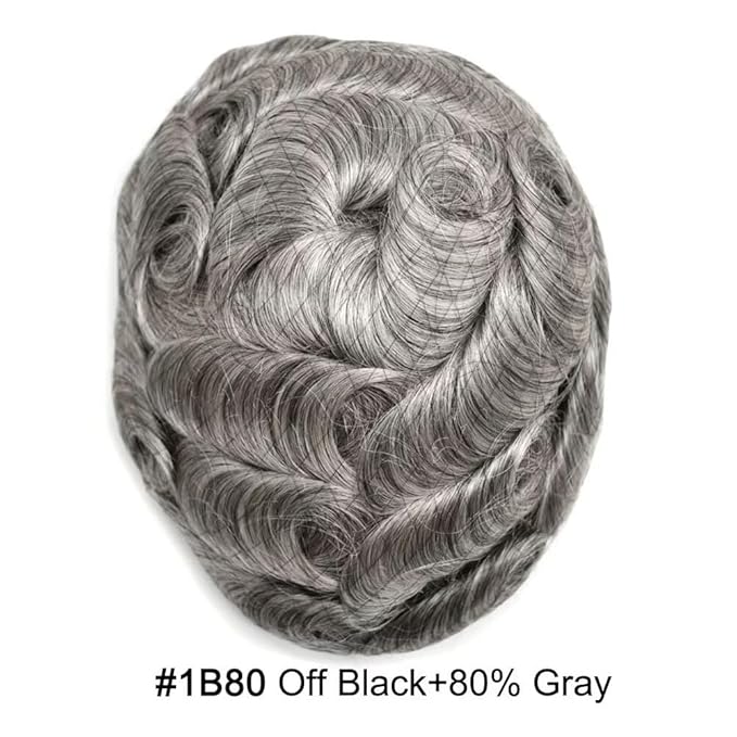 FACE MIRACLE Hair System for Men French Lace Mens Toupee Human Hair Replacement System Lace with PU Toupee for Men Male Hair Piece Wigs 6"X9" #1B80 Off Black with 80% Gray