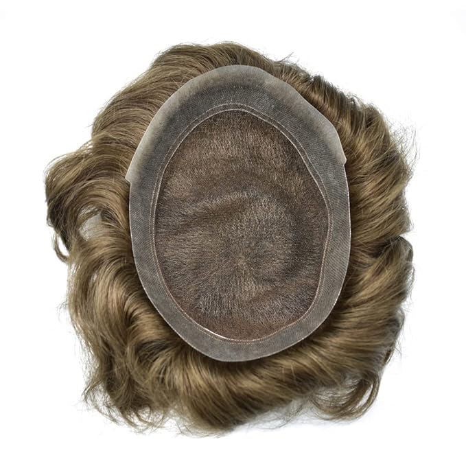 Mens Toupee Human Hair Piece French Lace Toupee for Man Hair System Indian Human Hair Replacement Systems V-Looped PU Front Hairpieces 7"X9" 6# LIGHT BROWN