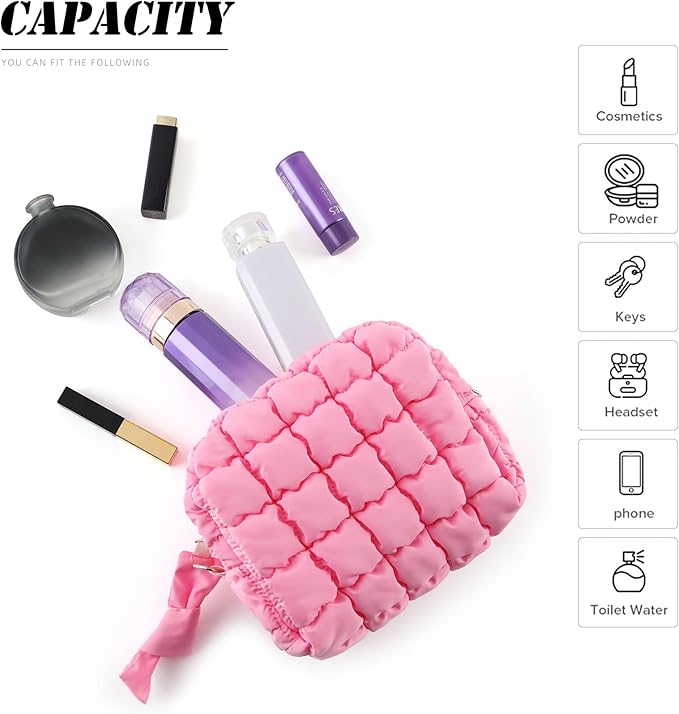 Puffy Quilted Makeup Bag Small Puffer Bag Cosmetic Bags Travel Toiletry Purse for Women, Cute Organizer Pouch, Toffee