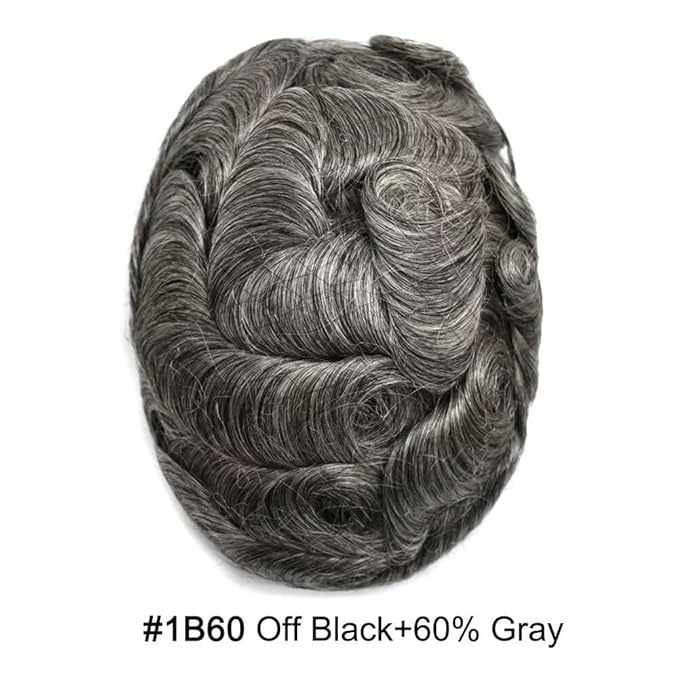 FACE MIRACLE Toupee for Men French Lace Hairpiece Human Hair Replacement System Skin PU Mens Toupee V-Looped Front Hair Piece 6X9#1B60 Off Black with 60% Gray-80% Light Density